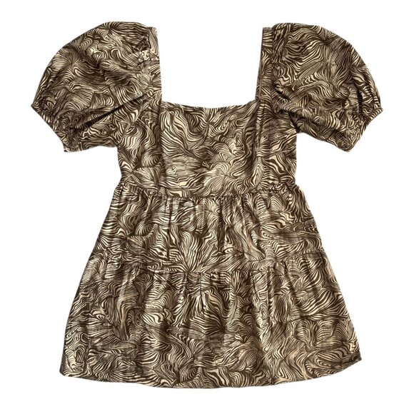 House of‎ Harlow Linen Animal Print Puff Sleeve Mini Dress Brown L Cottagecore - Picture 1 of 8